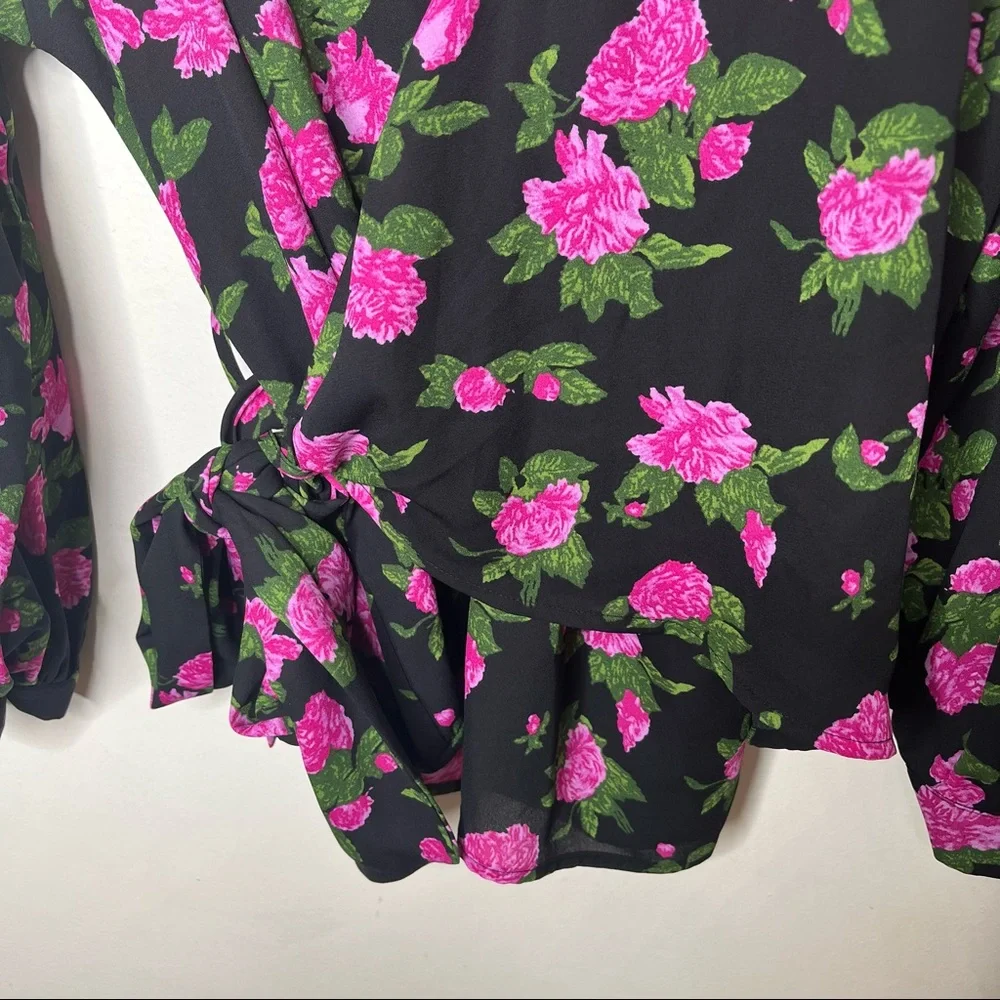 WHO WHAT WEAR Floral Black and Pink Rose Wrap Blouse